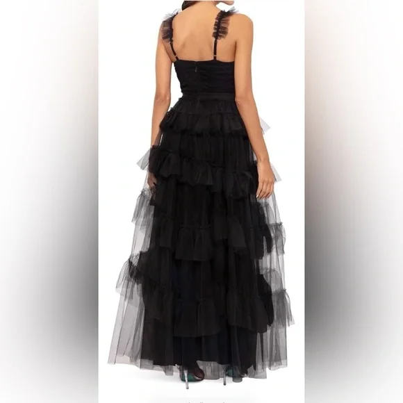 Betsy & Adam Black Ruffled Prom Dress